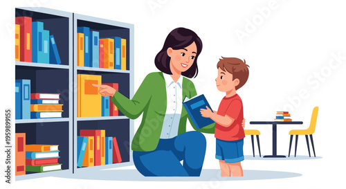Woman teaching a young boy to read a book in a library setting.