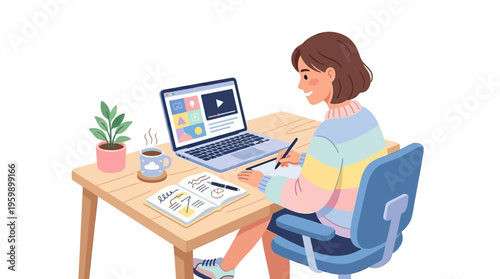Young woman studying and working on laptop at desk.