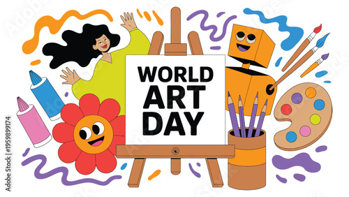 World art day colorful illustration with painting tools palette brushes easel creative objects celebrating artistic expression fun modern design