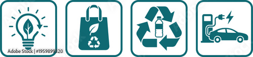 Eco sustainability icons set recycling bag plastic bottle electric car charging energy saving light bulb green lifestyle vector illustration