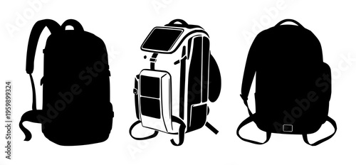 Smart backpack set with solid black silhouette on white background featuring high-tech, solar panels, integrated straps with nomadic tech lifestyle and sleek design