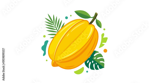 Vibrant Yellow Star Fruit with Tropical Leaves Illustration.