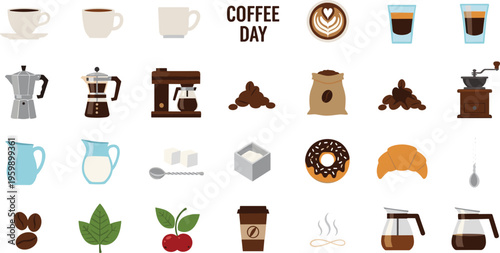Collection of coffee related icons and objects on white background