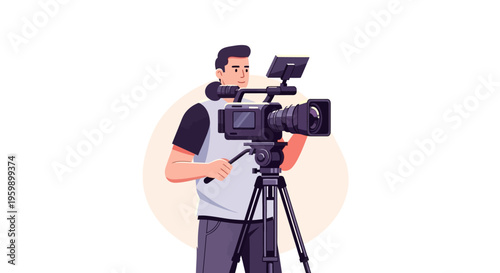 Videographer operating professional camera on tripod.
