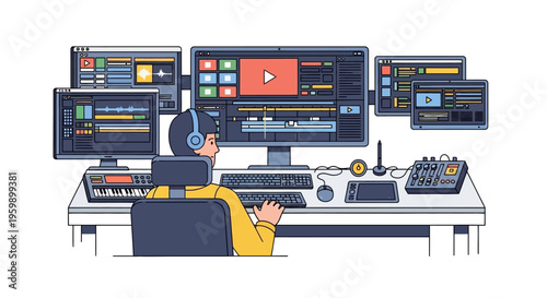 Video Editor Working on Multiple Monitors Setup.