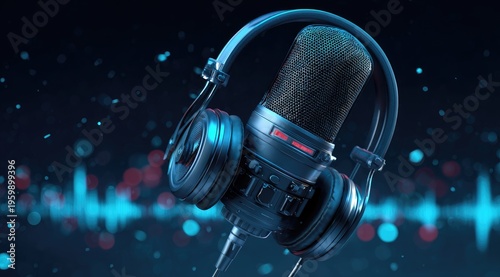 A close-up view of a microphone with attached headphones set against a blurred background of abstract light and sound waves