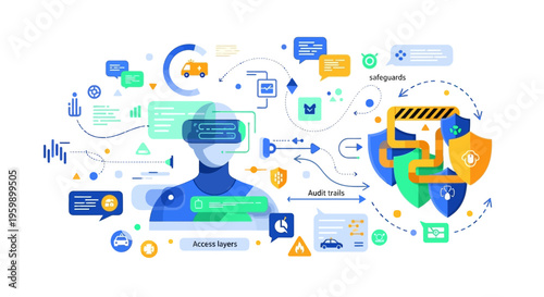 Virtual Reality Headset User Experiencing Digital Security and Data Protection.