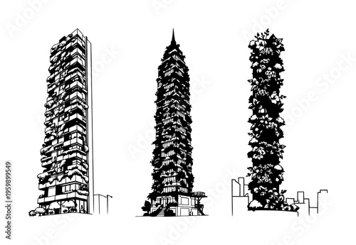 Vertical garden set with detailed woodcut style illustration of a skyscraper balcony garden featuring tree, leaf, skyline with green urban aesthetic and white background