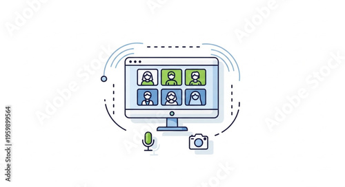 Virtual Meeting Illustration - Online Conference on Computer Screen with Participants.
