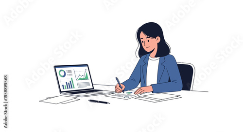 Young woman diligently working at her desk with laptop and documents.