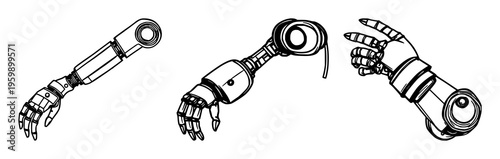 Robot arm set with sleek metallic industrial icon featuring robotics, machinery, automation with steel and gears and precision engineering