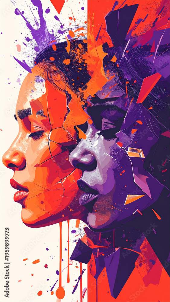 Obraz premium Mental Breakdown Abstract Concept Cracked Woman Faces Flat Illustration Orange Purple Dripping Vertical