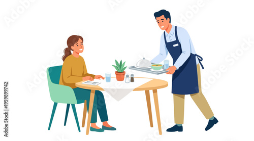 Waiter Serving Food to Woman in Restaurant.