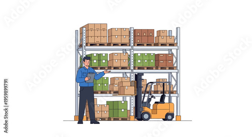 Warehouse worker inspecting inventory with forklift.
