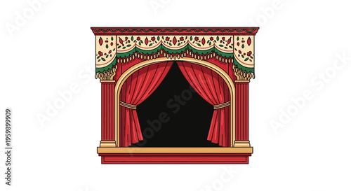 Theatrical stage with red curtains.