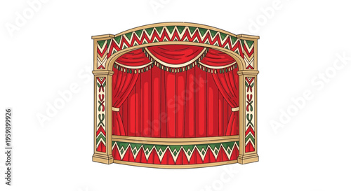 Theater stage with red curtains and gold frame.