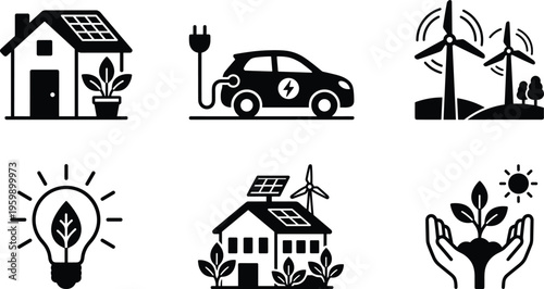 Renewable energy and eco sustainable lifestyle icons set solar house wind turbine electric car green environment vector illustration modern design