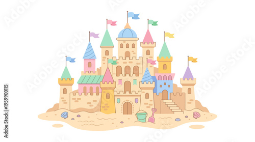 Whimsical Pastel Castle Illustration with Colorful Flags.