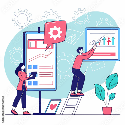 Two people working on a large computer screen