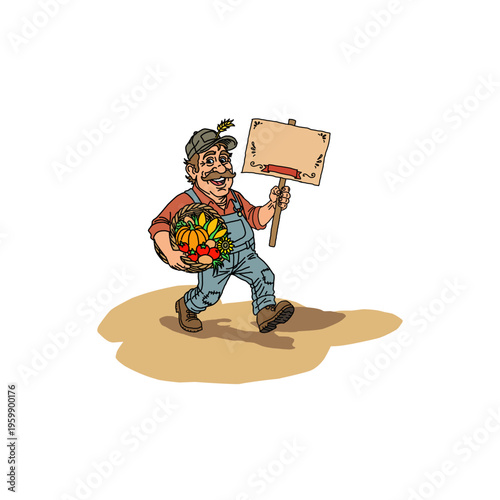 Happy male farmer carrying fresh harvest in a wooden crate. Smiling peasant character in rural field background. Modern flat vector illustration for organic farming and agriculture success.