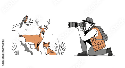 Wildlife photographer captures deer fox and bird in nature scene.