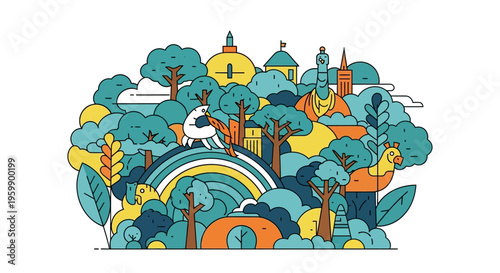 Whimsical Fantasy Landscape with Rainbow and Buildings.