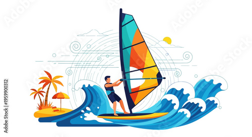 Windsurfer riding a wave on a sunny day.