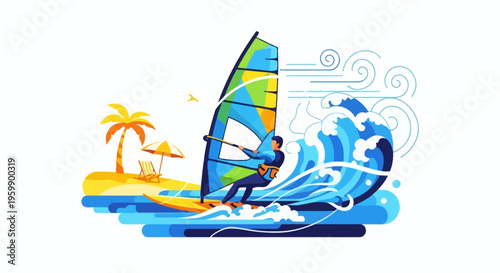 Windsurfer riding a large wave with colorful sail.