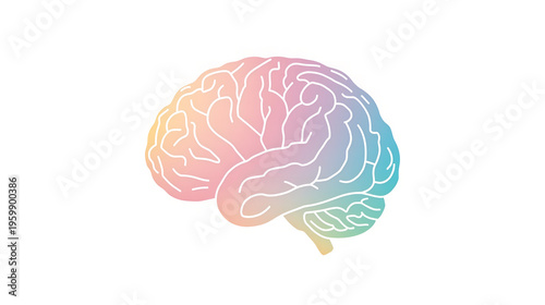 Rainbow gradient brain outline illustration, cognitive science and innovation concept