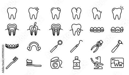 Dental Care Line Icons Set – Tooth Problems, Treatments, Braces and Oral Hygiene Outline Collection