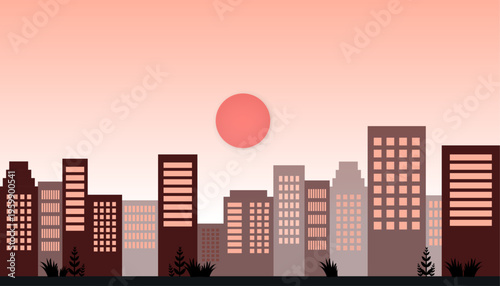 City skyline sunset flat vector illustration with modern buildings and warm pastel gradient sky tone