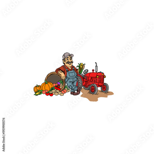 Happy farmer leaning back and resting after a successful harvest. Traditional peasant character with a straw hat in a rural field. Warm flat vector illustration for agriculture and nature concept.