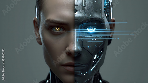 Half human half robot face close up, futuristic cyborg artificial intelligence concept