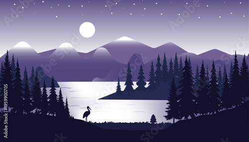 Night mountain landscape with lake forest and moonlight sky vector illustration calm nature scene