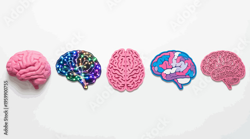 Assorted brain-shaped sculptures in pink and colorful patterns on a white background for neuroscience art and education