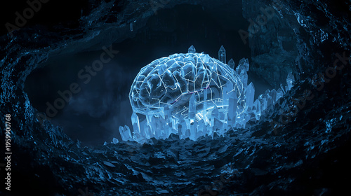 Crystal brain inside dark cave environment, futuristic data storage artificial intelligence conceptt