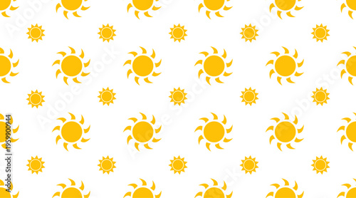 Seamless sun pattern with yellow sunshine icons on light background summer vector design tile