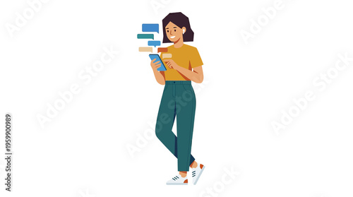 Young Woman Texting on Smartphone with Chat Bubbles.