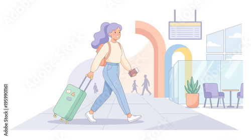 Young woman with purple hair pulling suitcase.