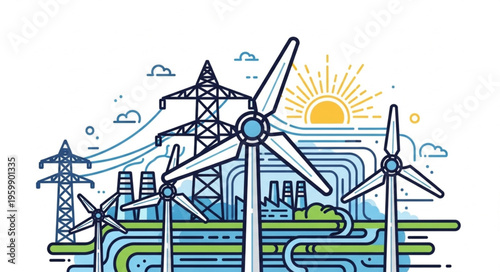 Wind Turbines and Power Lines - Sustainable Energy Generation Illustration.