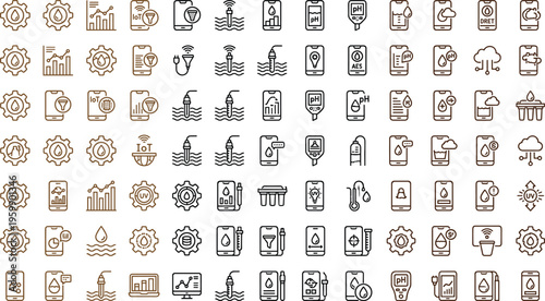 Water quality monitoring technology line icon set with sensors analytics testing devices environmental data symbols