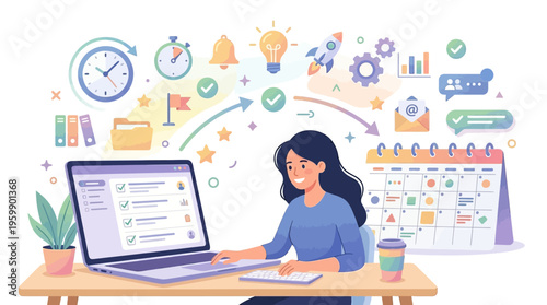 Young woman working diligently on her laptop at a desk.