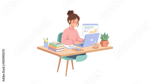 Young woman working diligently on her laptop at a desk.