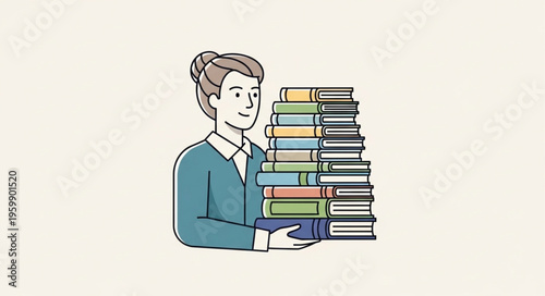 Woman Carrying a Stack of Books with a Determined Expression.