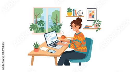 Young woman working on laptop at home office desk.