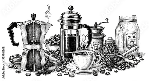 Coffee preparation set with moka pot, french press, grinder, and beans.