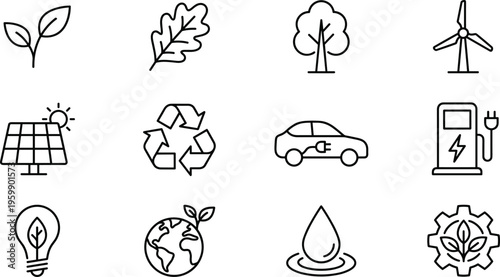 Eco sustainability line icon set, renewable energy symbols collection, green technology elements, environmental conservation icons, modern outline vector illustration pack