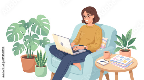 Young woman working on laptop in comfortable armchair surrounded by plants.