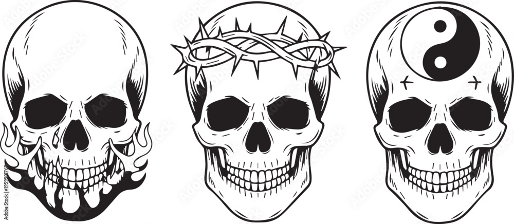 Fototapeta premium Skull icons, tattoo designs, black and white, vector graphics, symbol set