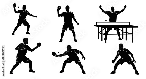 Table Tennis Player Silhouettes: Action Poses and Victory